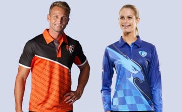 A pair of men in sports style dye sublimated shirts